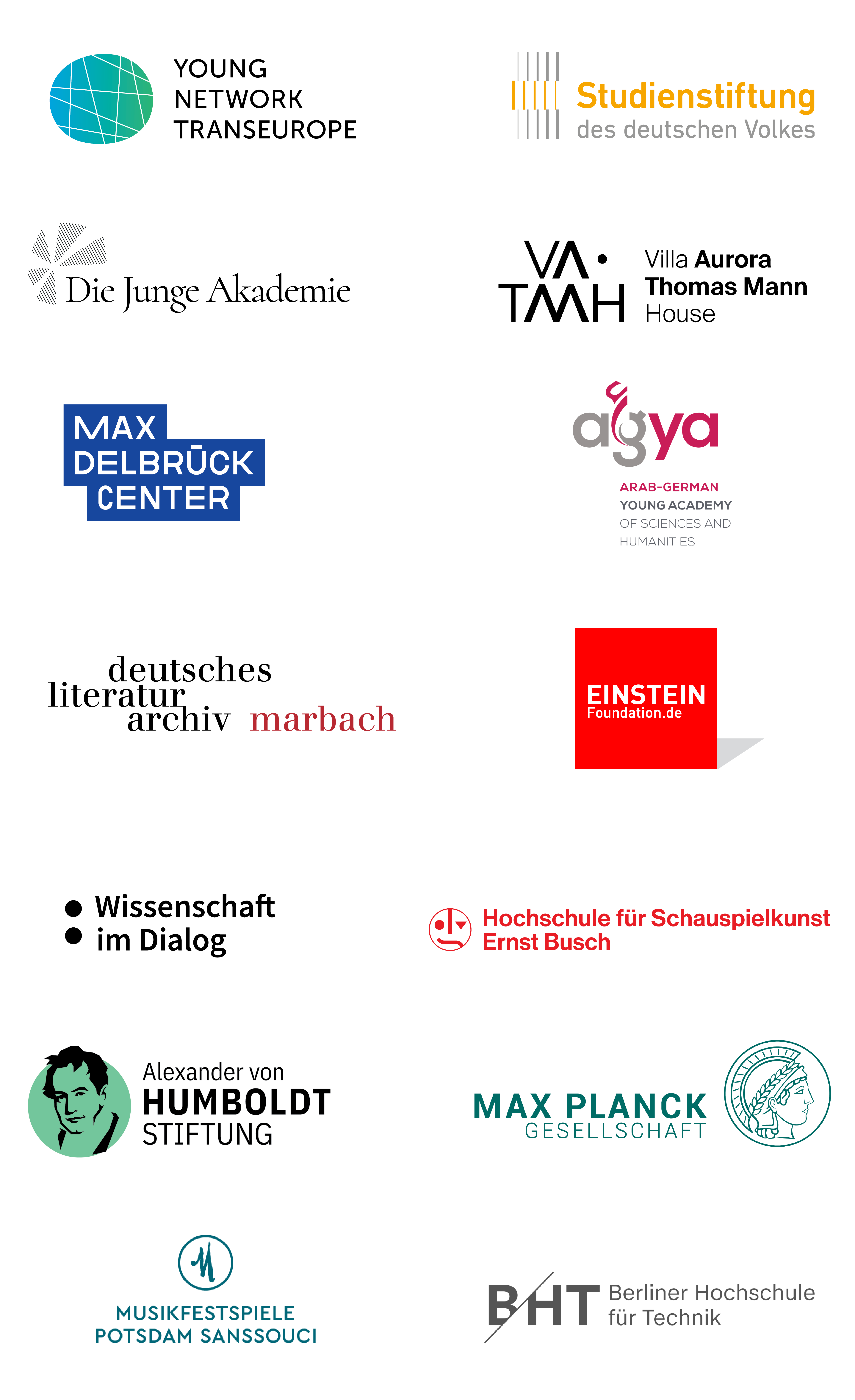 Logos Partner: Alexander von Humboldt Stiftung, Arab-German Young Academy of Sciences and Humanities, Berliner Hochschule für Technik, Deutsches Literaturarchiv Marbach, Die Junge Akademie, Einstein Stiftung Berlin, Hochschule für Schauspielkunst Ernst Busch, Max Delbrück Center, Max Planck Gesellschaft, Musikfestspiele Potsdam Sanssouci, Radio 3, Studienstiftung des deutschen Volkes, Villa Aurora & Thomas Mann House, Wissenschaft im Dialog, Young Network TransEurope
